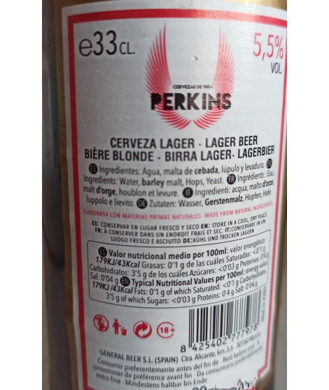 Datos cerveza Perkins etiqueta