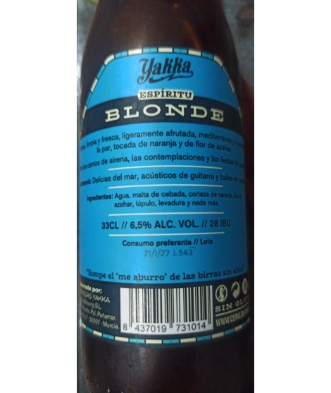 Etiqueta cerveza yakka blonde sin gluten