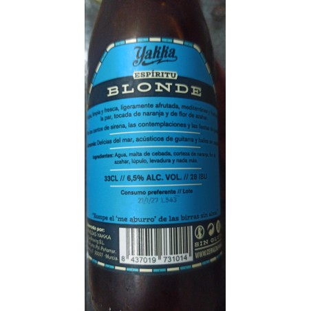 Etiqueta cerveza yakka blonde sin gluten
